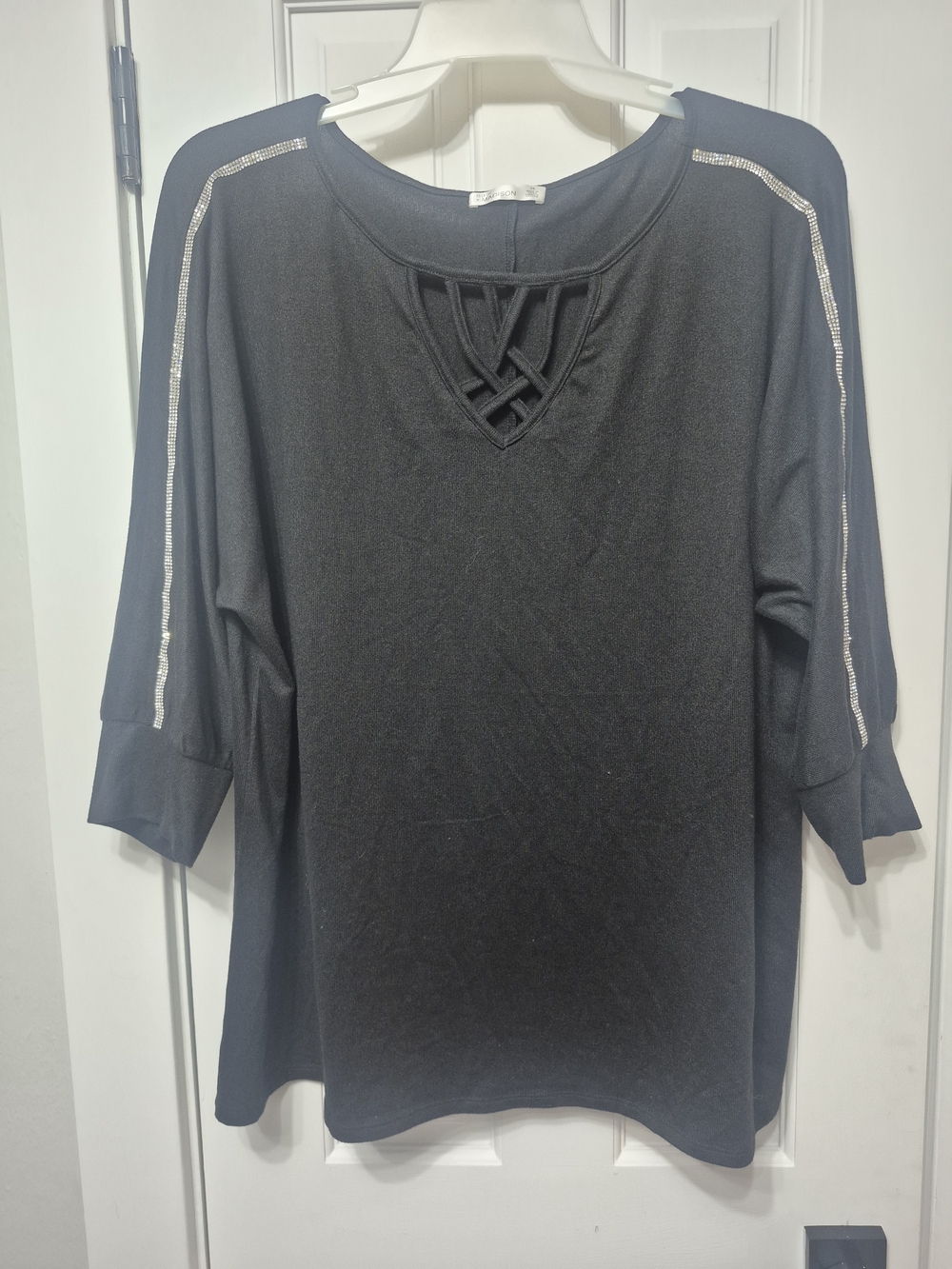 89th & Madison Black Crisscross Neck Top with Rhinestone Shoulder Strips